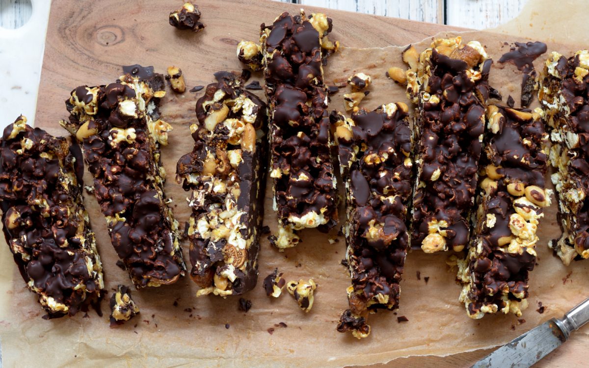 Vegan Popcorn Bars With Caramel, Chocolate, And Peanut Butter