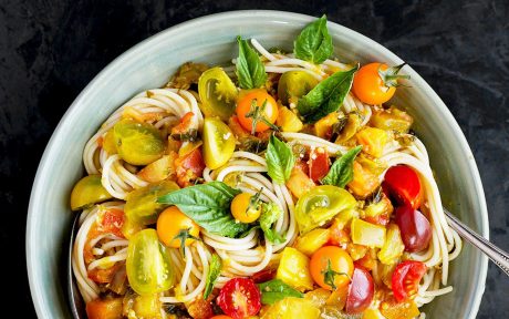 Vegan Gluten-Free Heirloom Tomato and Basil Wine Sauce Over Pasta