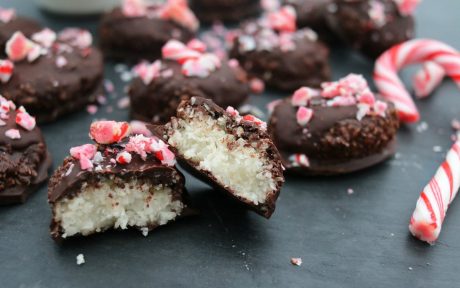 Vegan gluten-free Chocolate-Covered Coconut Peppermints broken in half 