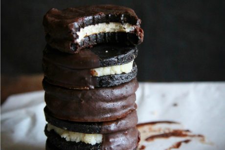 Vegan Raw Peppermint Oreos Dipped in Dark Chocolate stacked