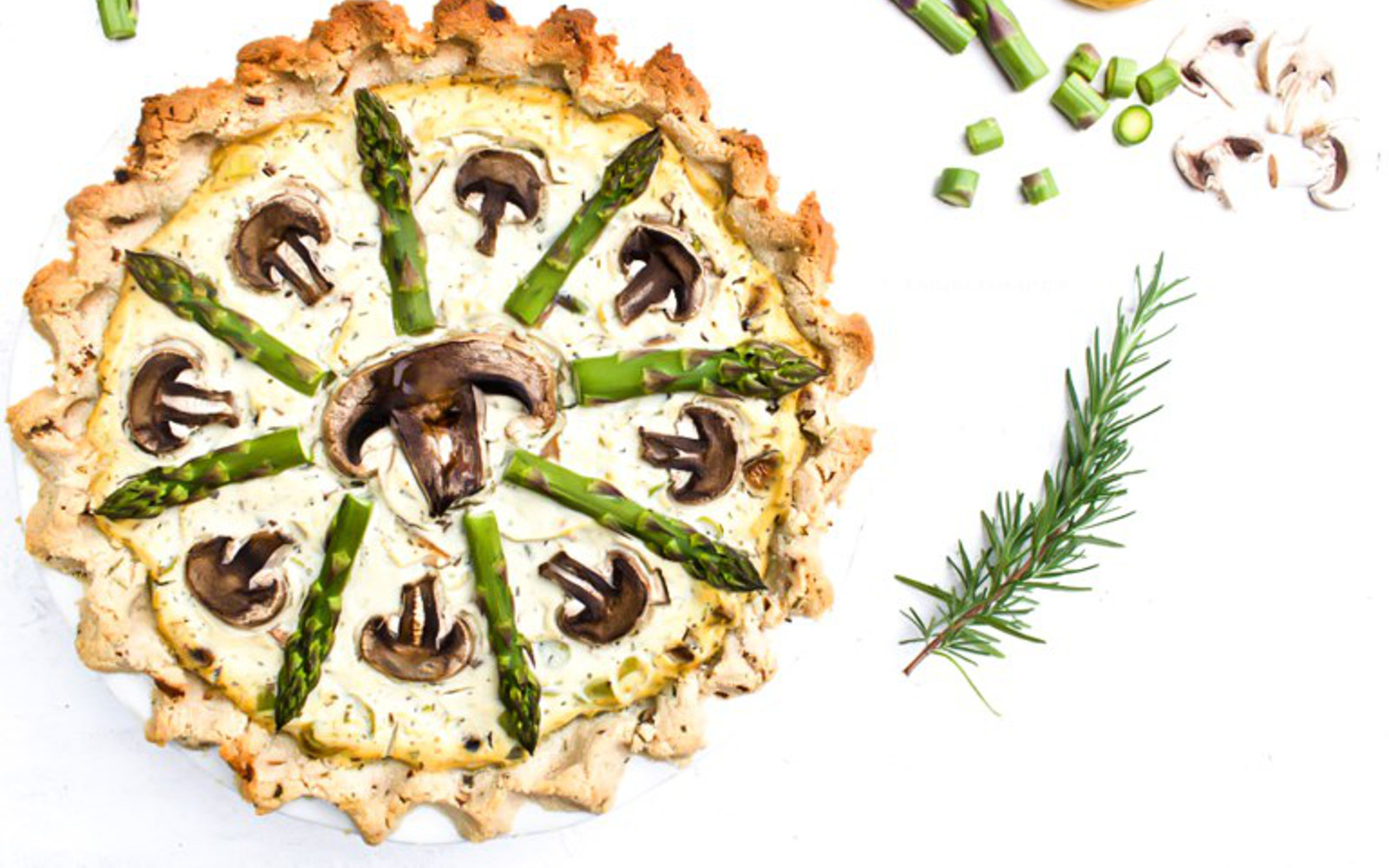Vegan Gluten-Free Asparagus and Mushroom Tofu and Quiche with Rosemary Almond Flour Crust