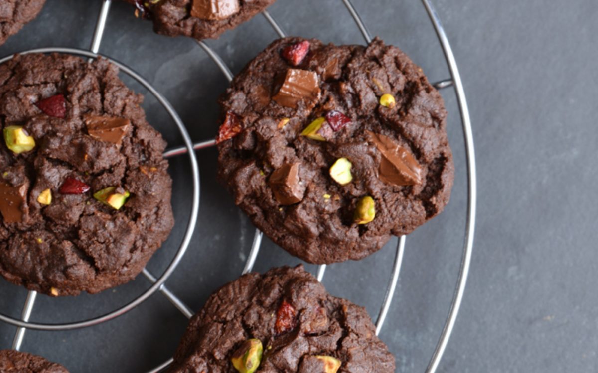 Cherry and Pistachio Chocolate Cookies on cooling rack