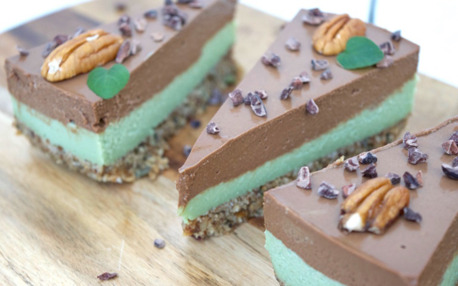 Raw Vegan Chocolate Mint Cake Topped with pecans