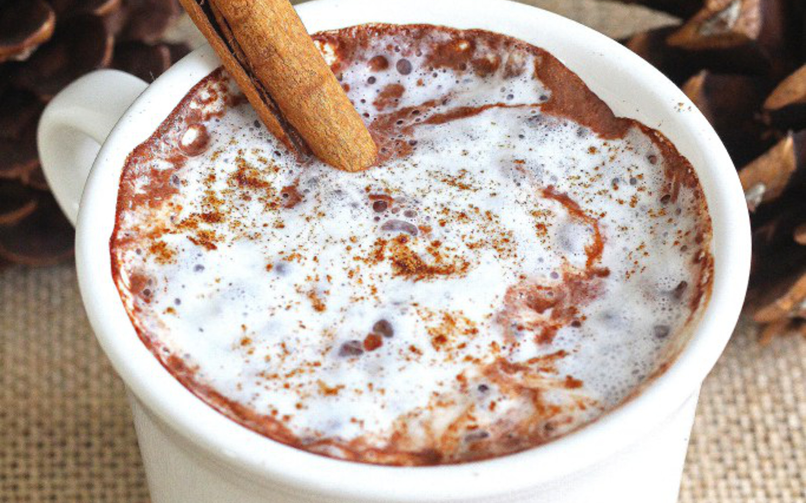 Vegan Eggnog Hot Chocolate With topping and cinnamon stick