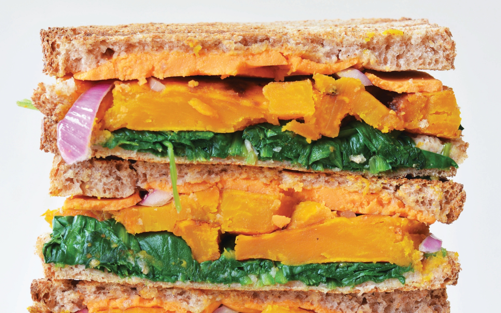 Vegan Maple-Mustard Squash Grilled Cheese with greens and onion