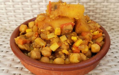 Vegan Chickpea Curry with Yucca and carrots and corn