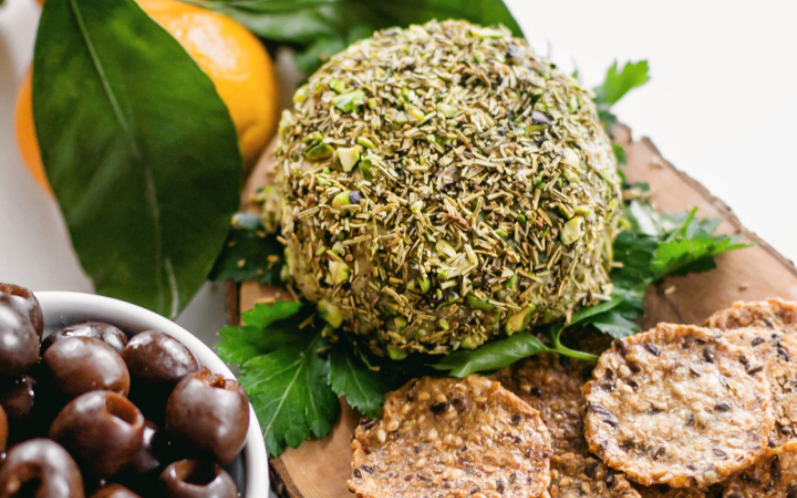 vegan Herb and Pistachio Crusted Spirulina Blue Cheese
