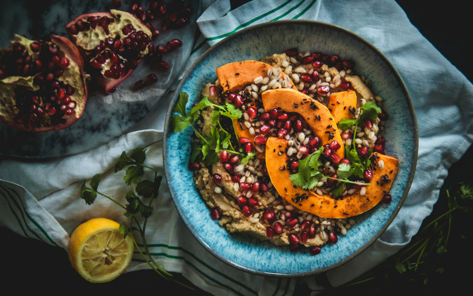Vegan Valentine's Hummus and Pearl Barley Bowls with butternut squash and sesame seeds