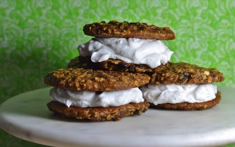 Vegan Whole Wheat Oatmeal Raisin Cookie Sandwiches with dairy-free whipped cream