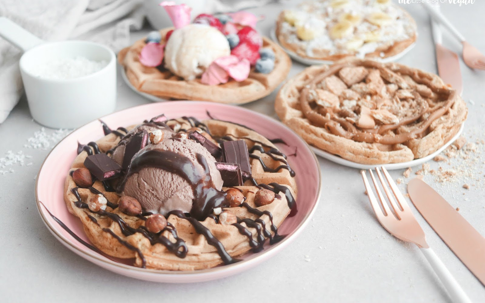 Vegan Gluten-Free Classic Wheat-Free Waffles with various toppings including chocolate ice cream