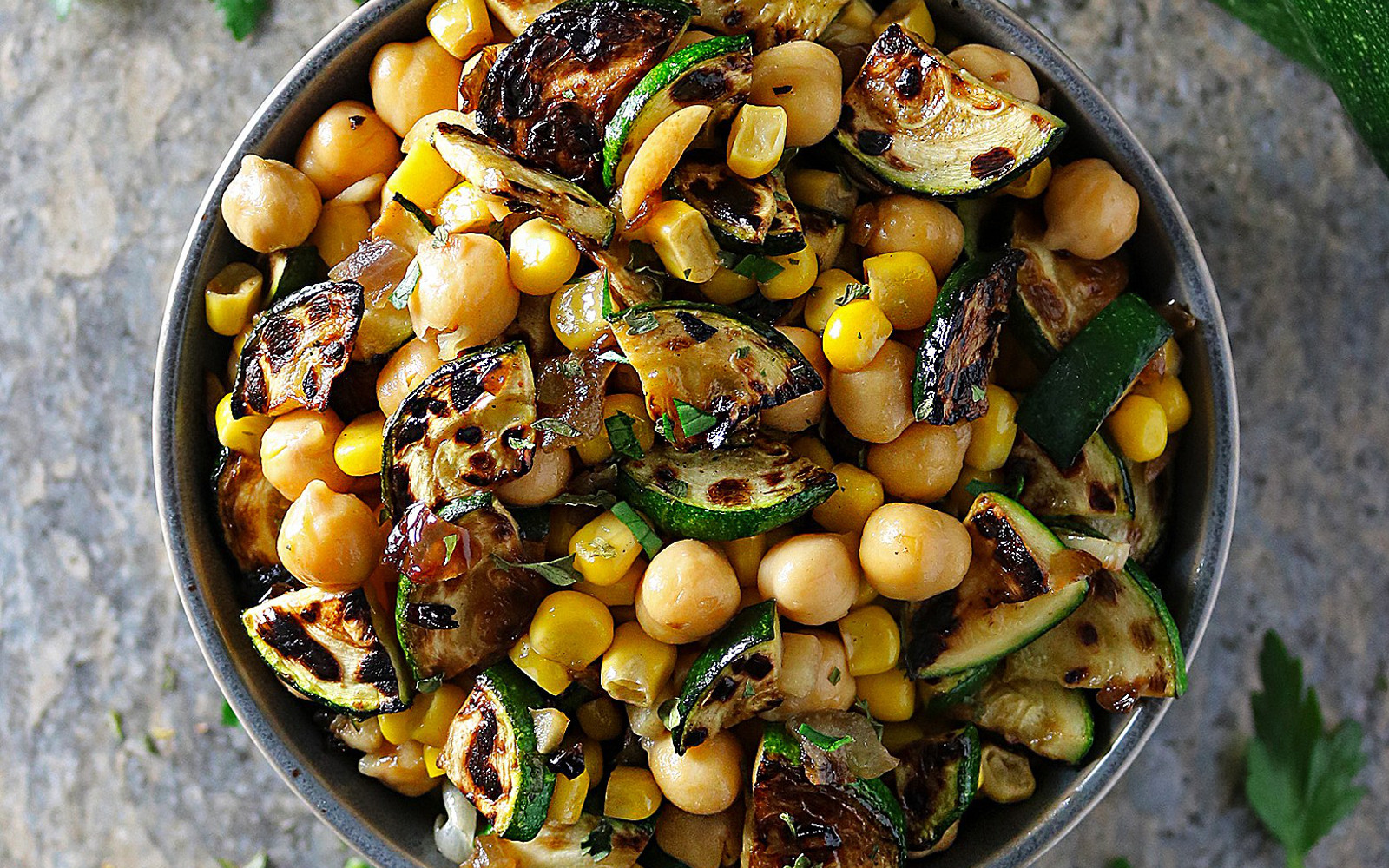 Vegan Whole Food Plant Based Gluten-Free 5-Ingredient Charred Zucchini Salad with caramelized onions, chickpeas, and corn