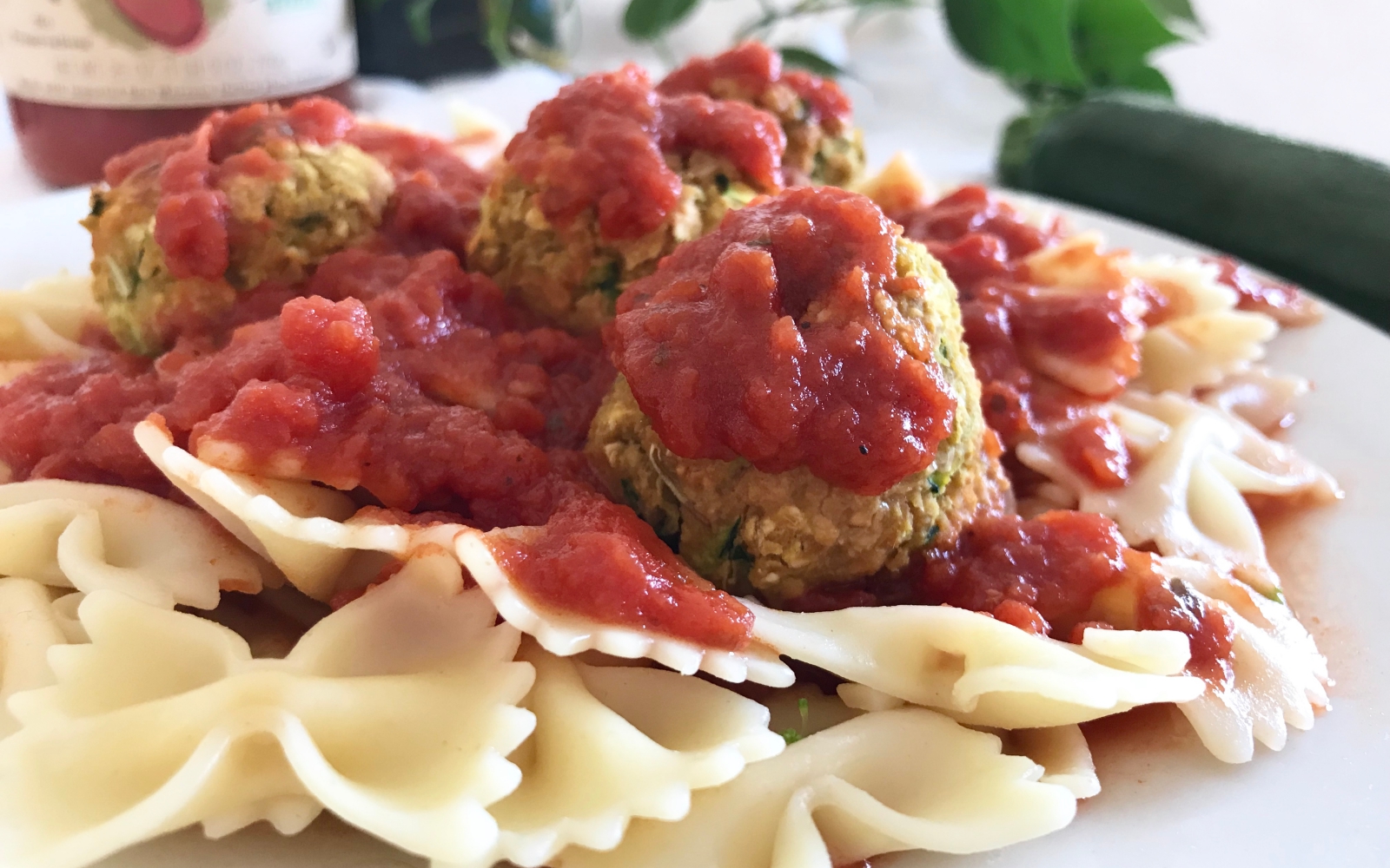 Zucchini-Chickpea ‘Meatballs’ With Marinara and Pasta