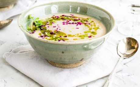 Vegan GLuten-Free Red Lentil Cabbage Coconut Soup with Cilantro Oil with garnish and cream