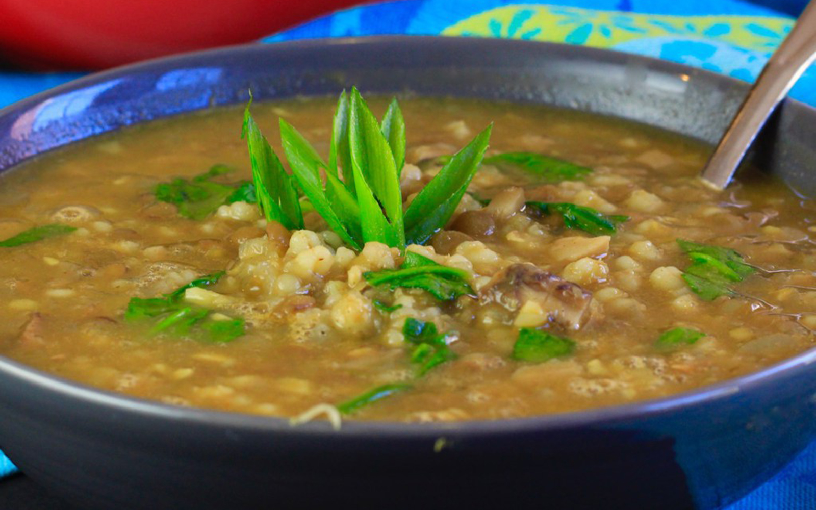 Curried Mushroom Barley Lentil Soup with Spinach [Vegan]