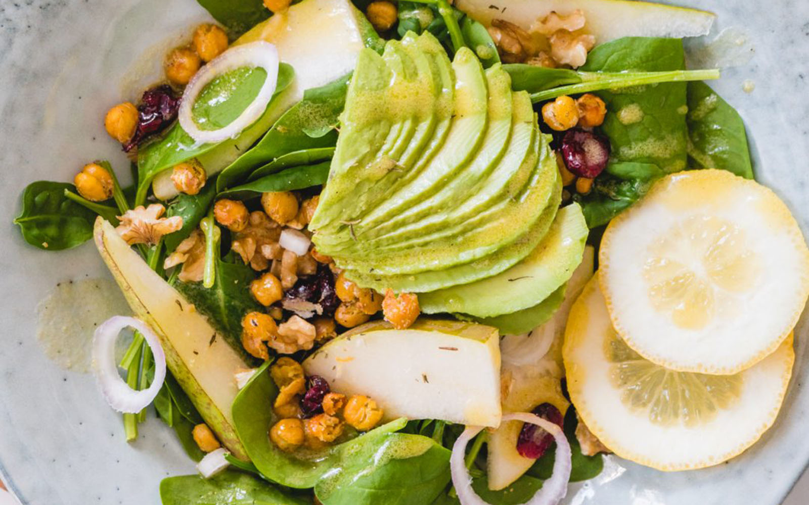 Pear Salad with Crispy Chickpea Croutons