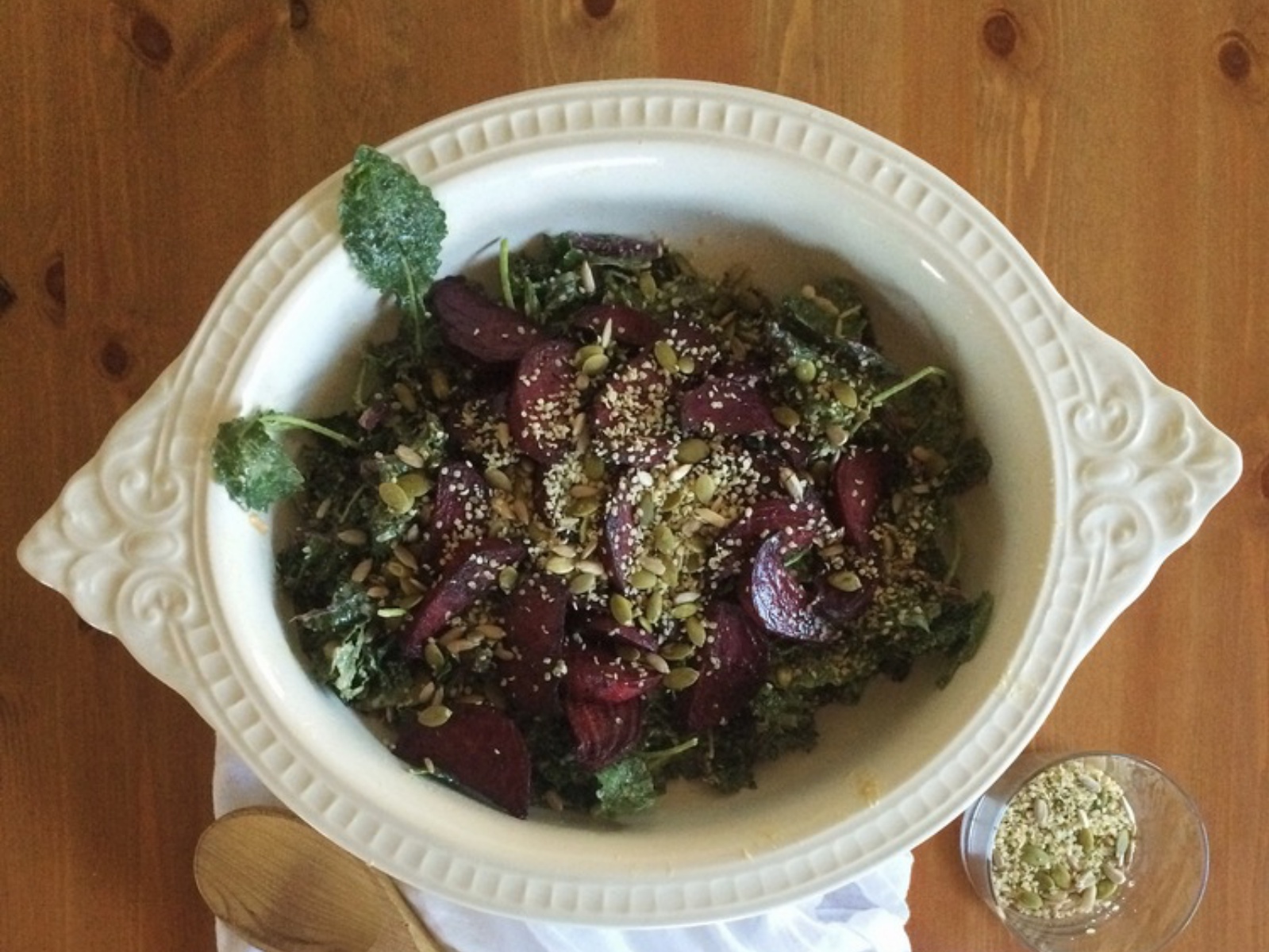 balsamic roasted beets kale salad with maple tahini dressing