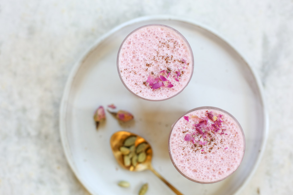 Vegan Indian Milkshake: Cardamom, Rosewater and Sweet Cherry Lassi