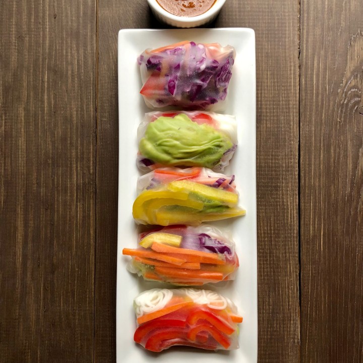 Vegan Rainbow Spring Rice Paper Rolls With Peanut Dipping Sauce