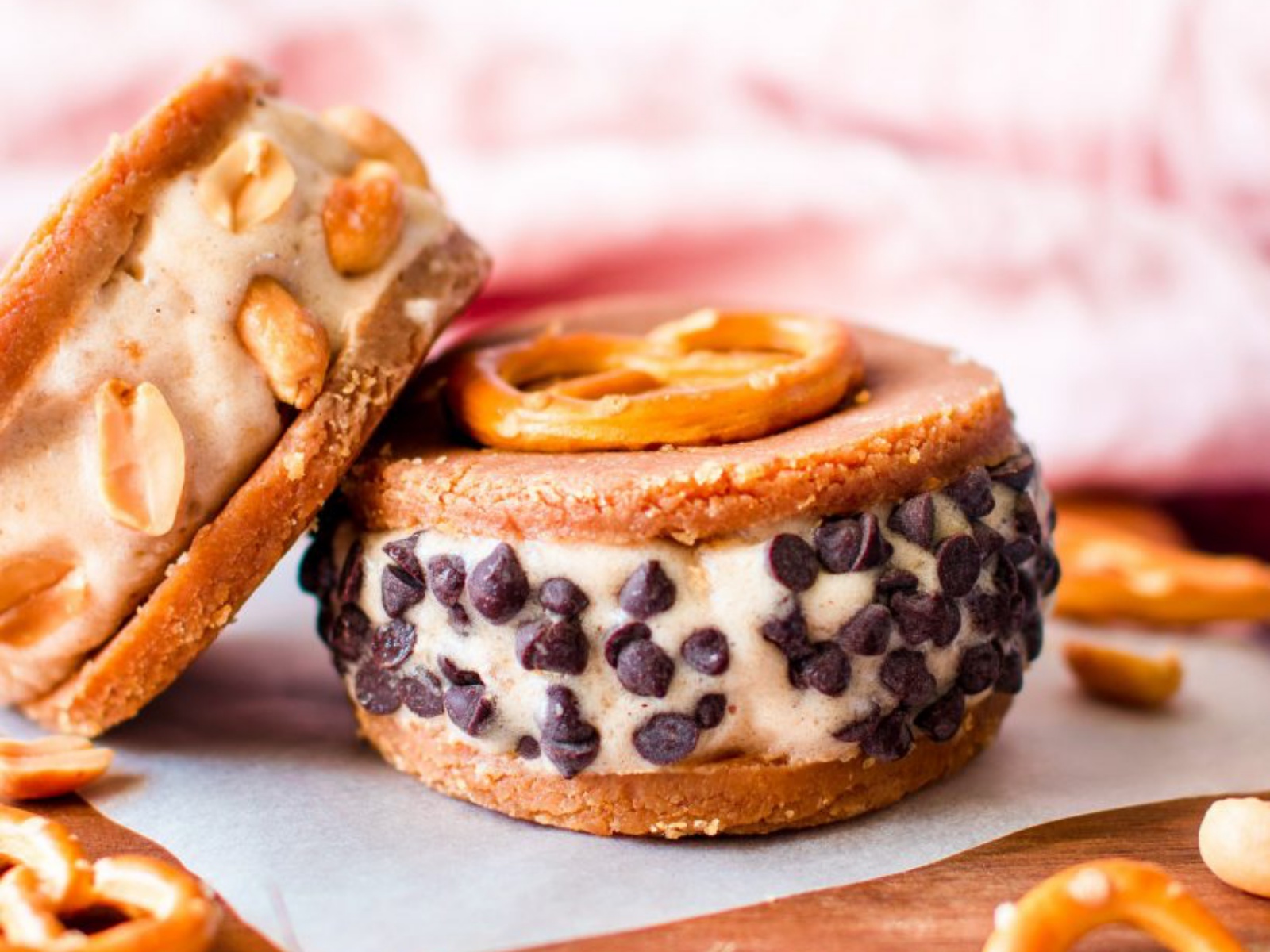 Vegan peanut butter pretzel ice cream sandwiches