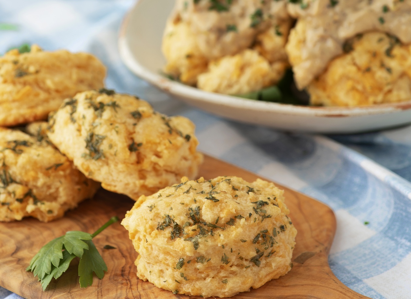 Cheddar and Garlic Biscuits with Sausage Sauce