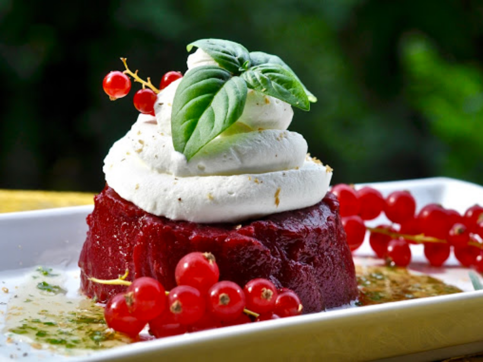 Currant and Blackberry Kanten With Swiss Cream and Basil Syrup