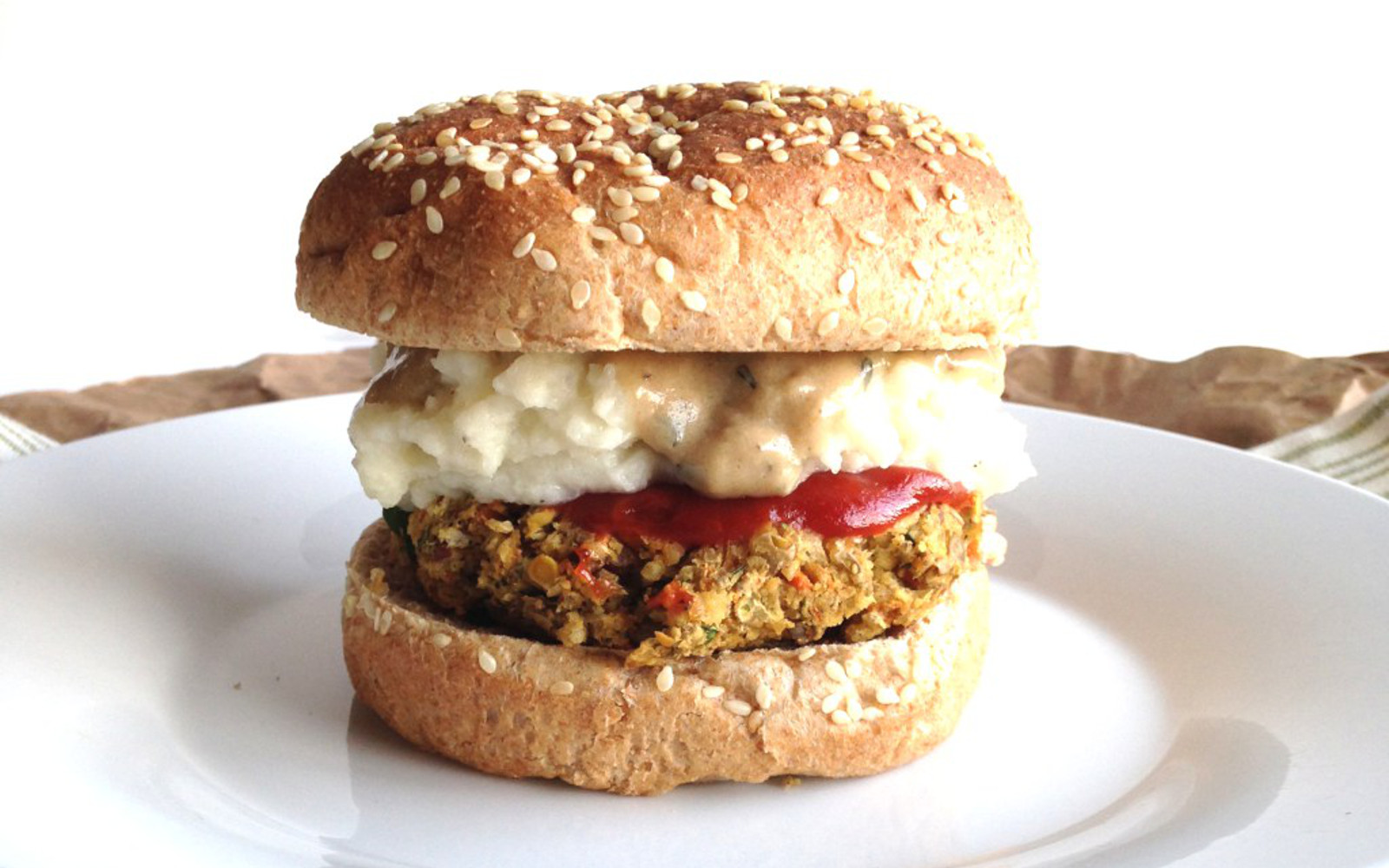 meatloaf veggie burger with cauliflower mash