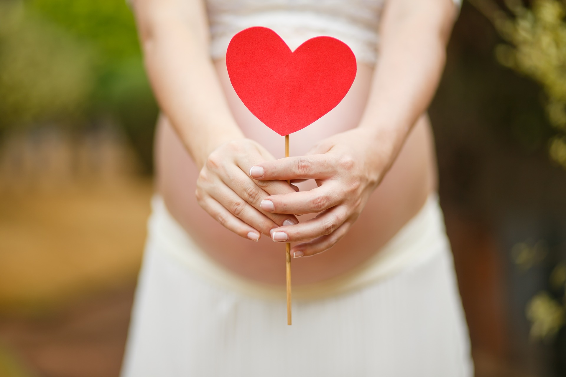 pregnant woman holding a stick with a red heart