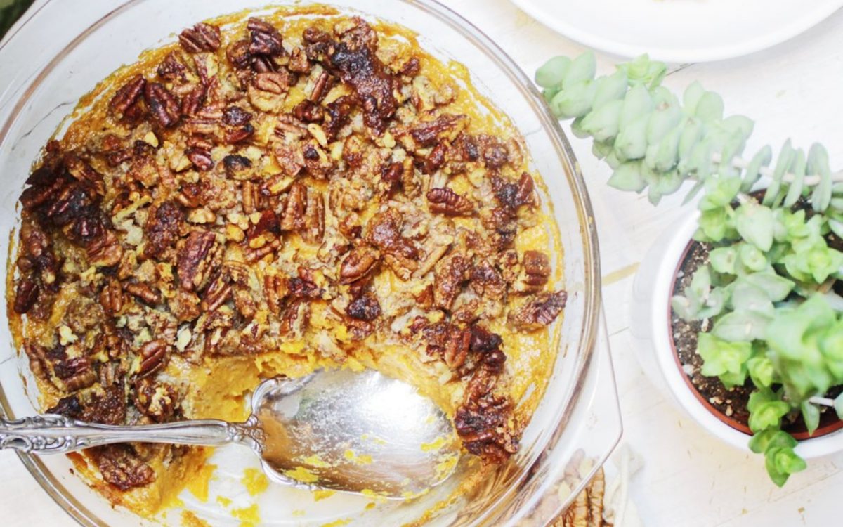 Sweet Potato Casserole with Maple Pecan Topping 