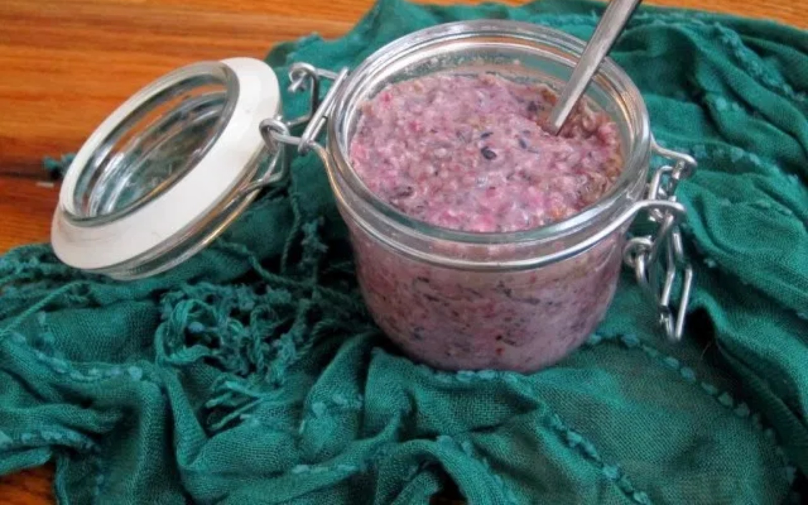 blue raspberry overnight oats in a jar