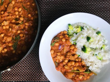 vegan chickpea curry with broccoli rice