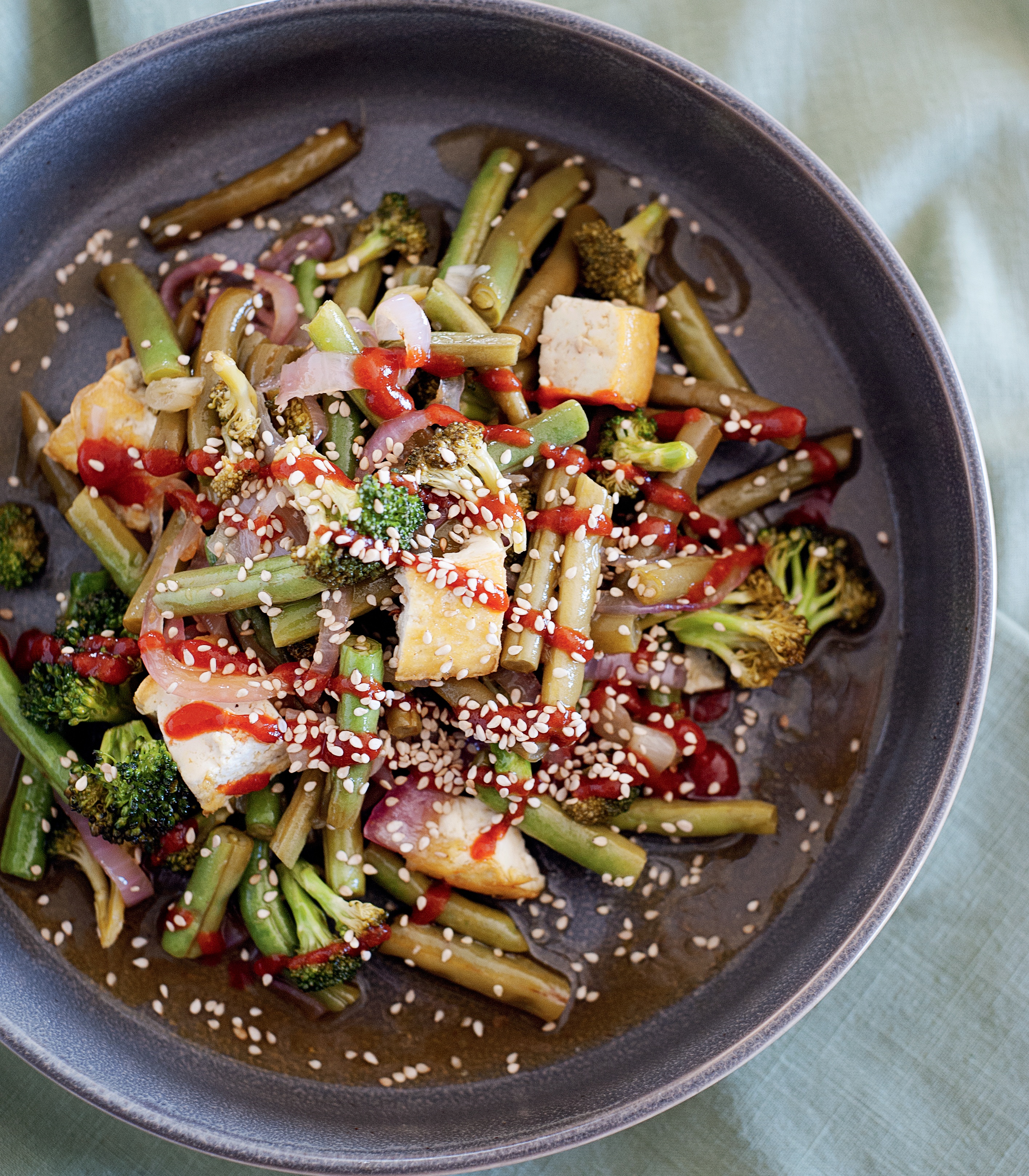 Vegan Broccoli, Green Bean, and Tofu Stir-fry