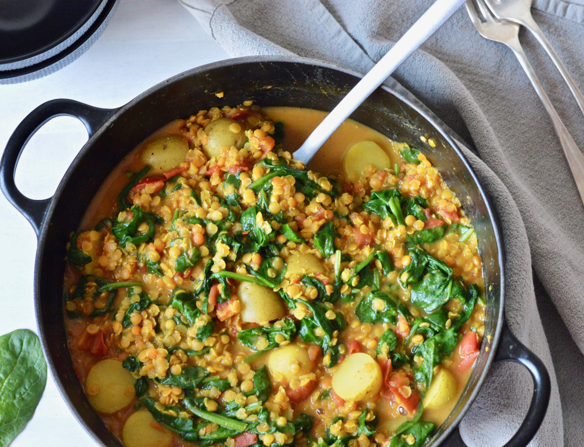 vegan one pot potato spinach and lentil dal