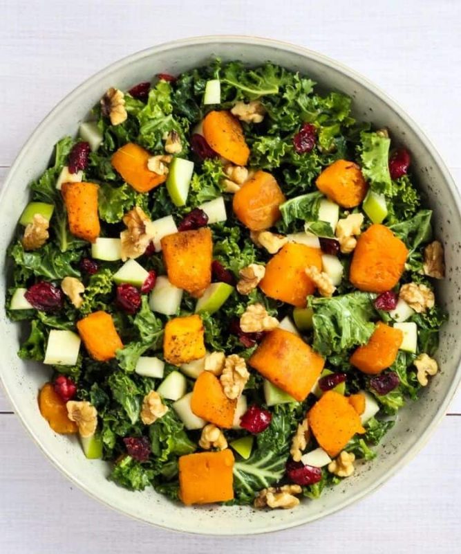 kale salad with cranberries and butternut squash vegan