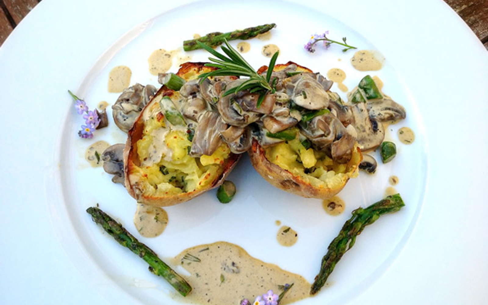 Twice Cooked Baked Potatoes With Asparagus and Mushroom Cream Sauce