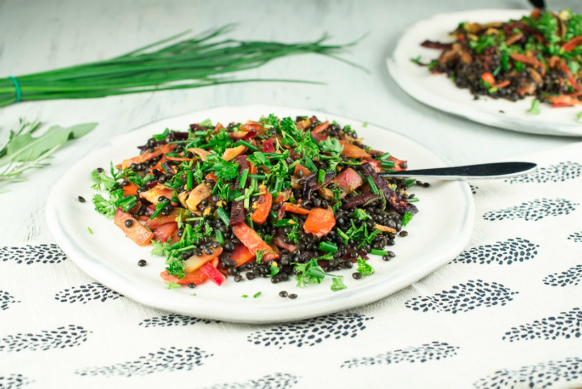 Warm Root and Lentil Salad With Turmeric Mustard Dressing