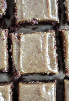 oat flour almond butter brownies with salted date caramel frosting