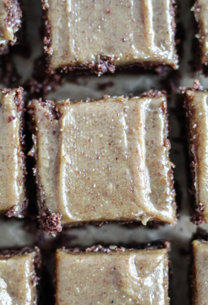 Oatmeal Almond Butter Brownies with Salted Date Caramel Frosting