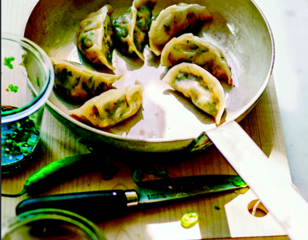 Vegan pot stickers with black vinegar and chile