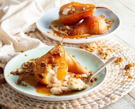 Chai Poached Pears with Spicy Orange-Habanero Sauce and Homemade Granola