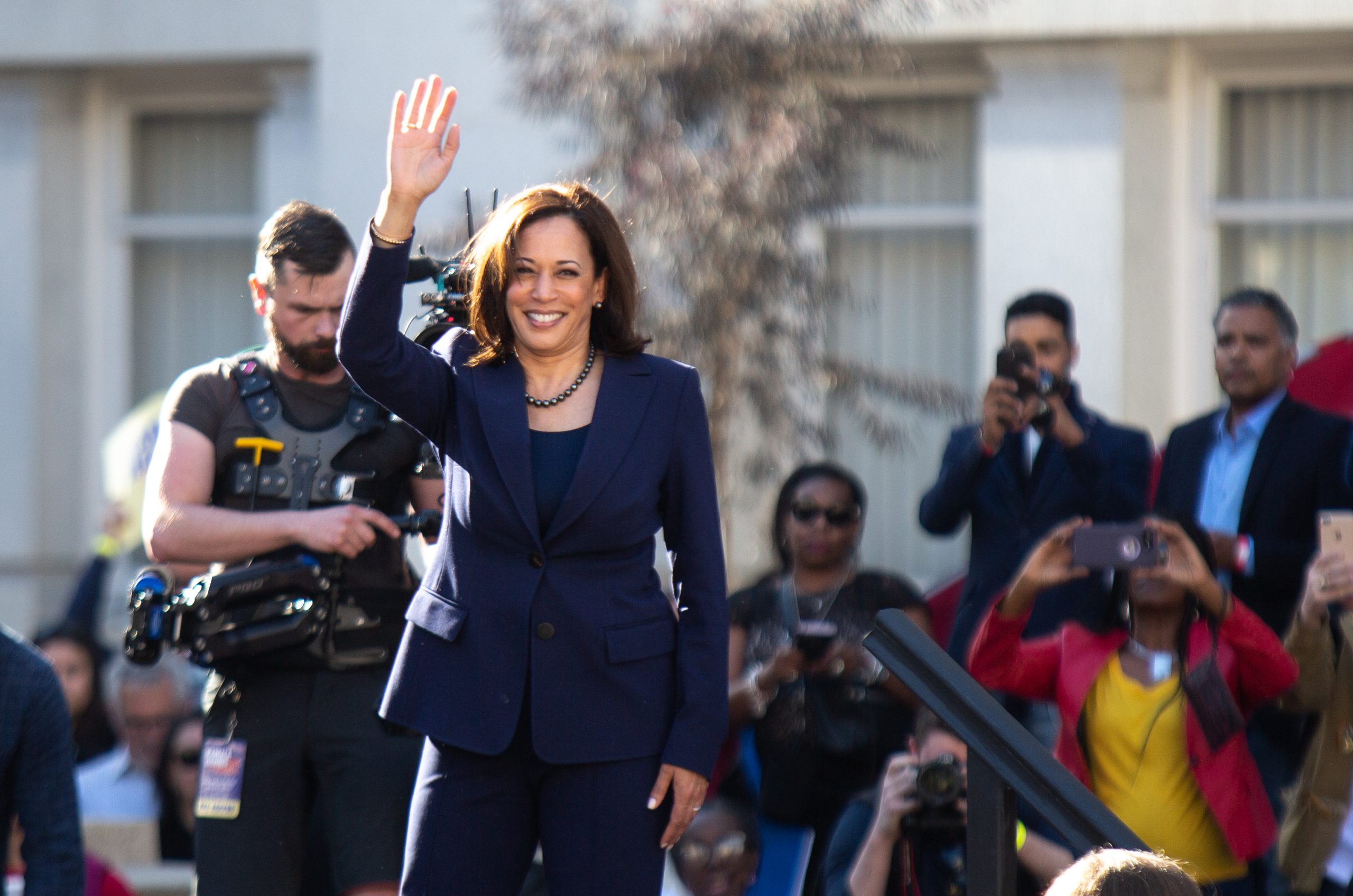 Oakland, CA/USA-Jan.27,2019- Senator Kamala Harris waves to crowd after announcing her candidacy for president.