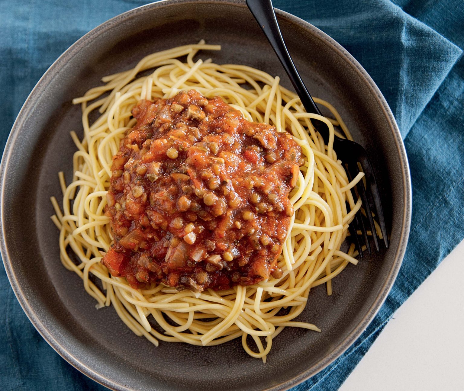 Vegan lentil Bolognese with spaghetti