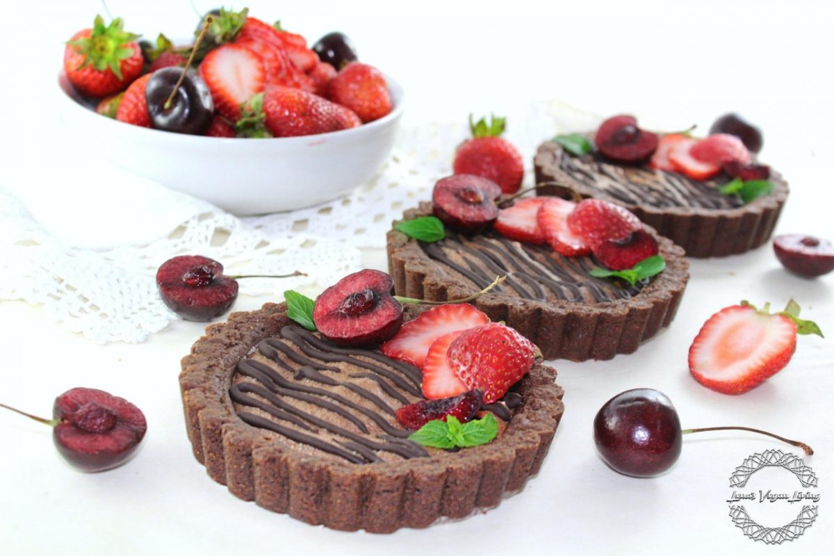Spelt Tarts with Chocolate Mousse topped with Strawberries and Cherries