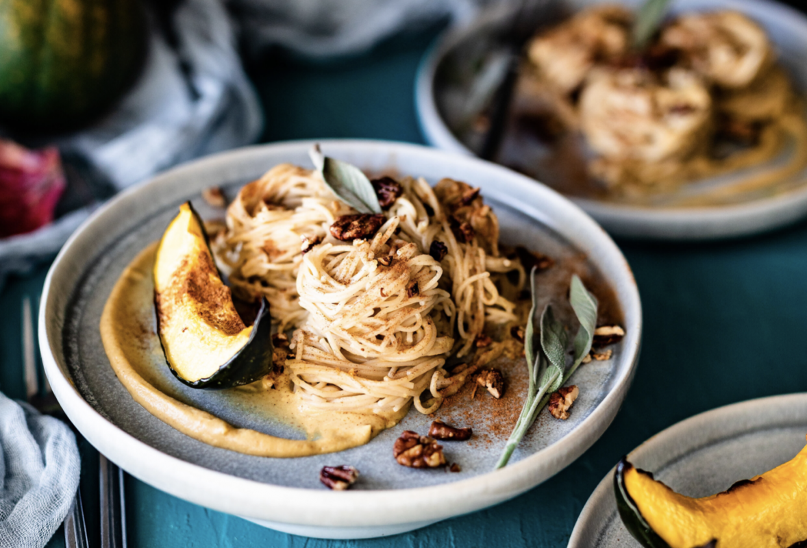 Vegan Roasted Acorn Squash, Sage and Pecan Sauce with Rice Noodles