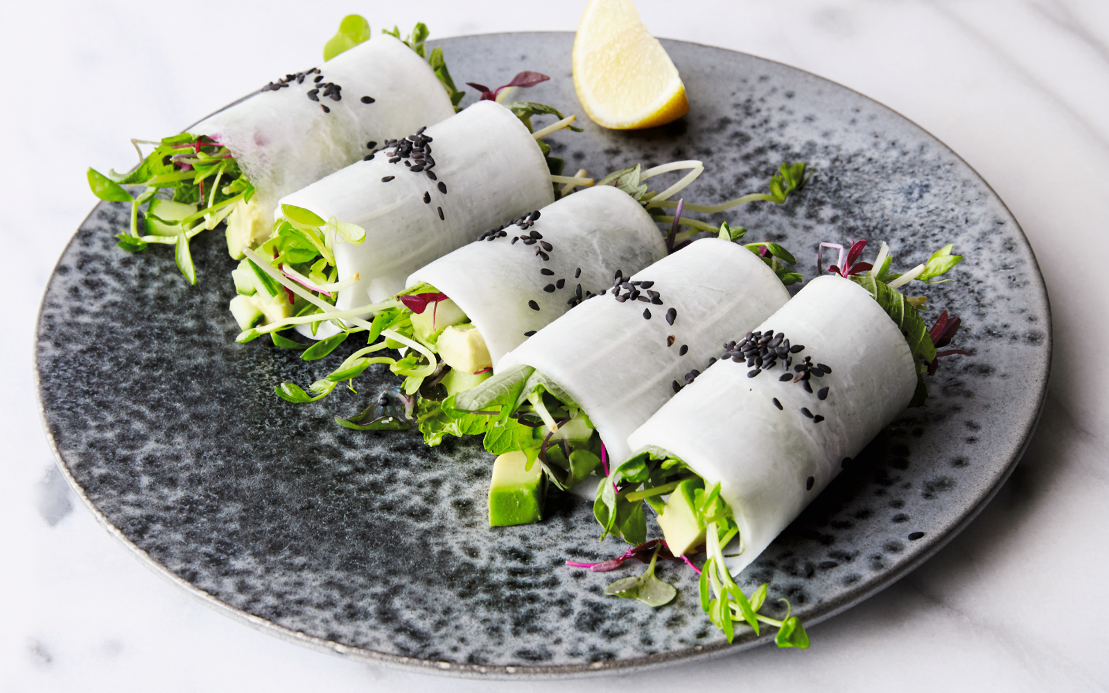 Summer Daikon Rolls With Avocado and Micro Greens