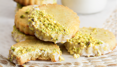 Gluten-Free Pistachio Shortbread Cookies with Rosewater Icing