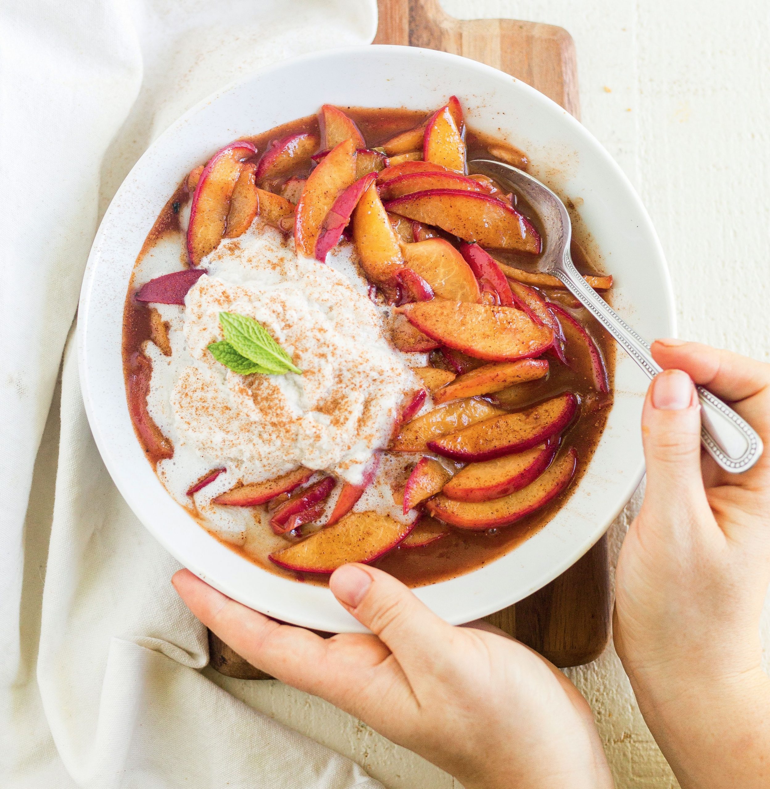 Maple Braised Peaches with Coconut Whipped Cream