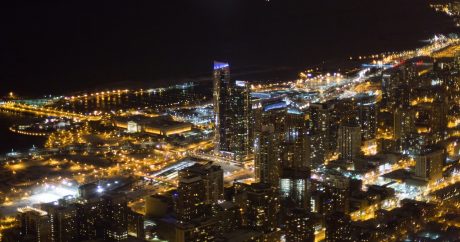 A bird's eye view of Chicago at night