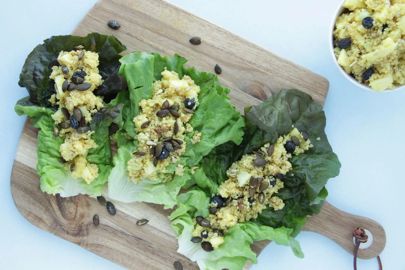 Lettuce Tacos filled with Quinoa Apple Salad and Curry Citrus Dressing