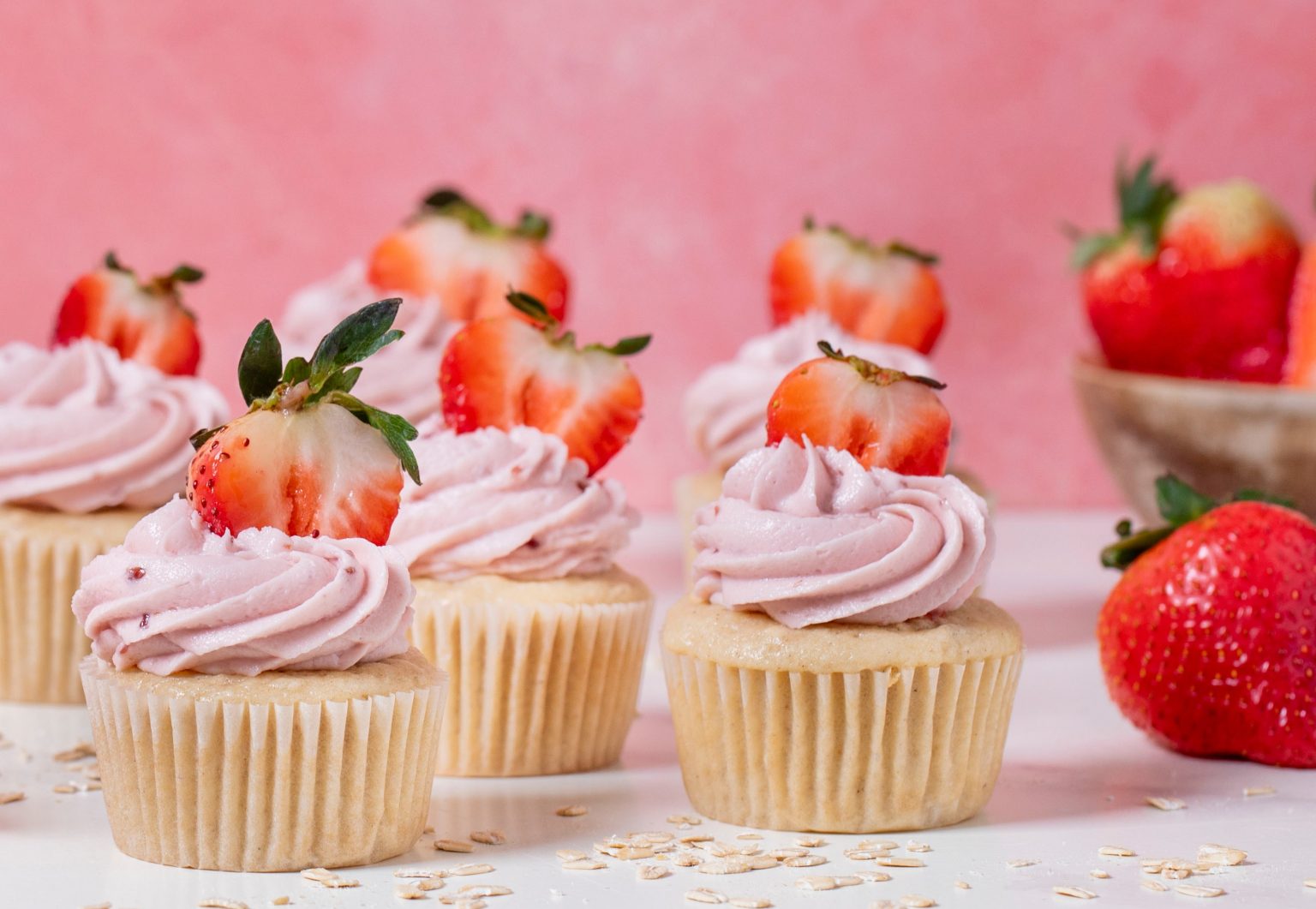 Vegan Oat Cupcakes with Strawberry Buttercream