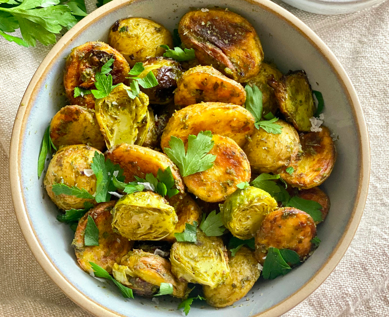Pistachio Pesto Roasted Potatoes and Brussels Sprouts